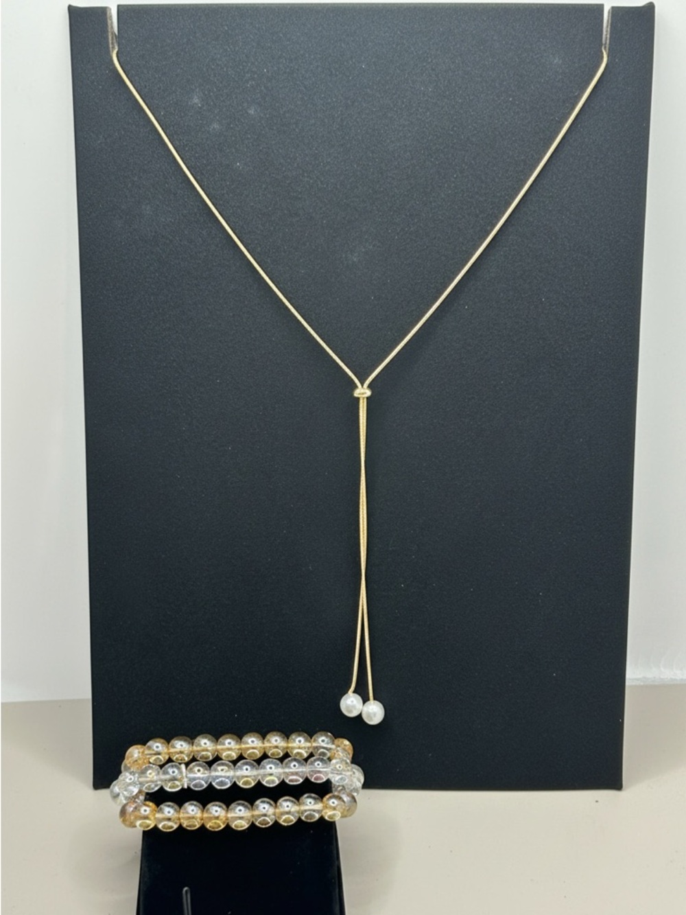 Gold-Tone Lariat Necklace with Pearl Drops and beaded bracelet set